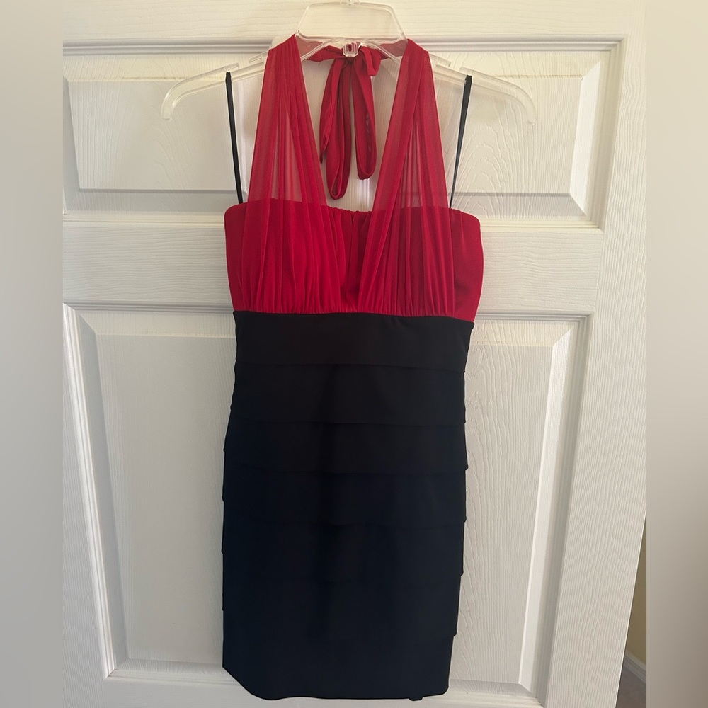 Red and black halter dress, short, size large